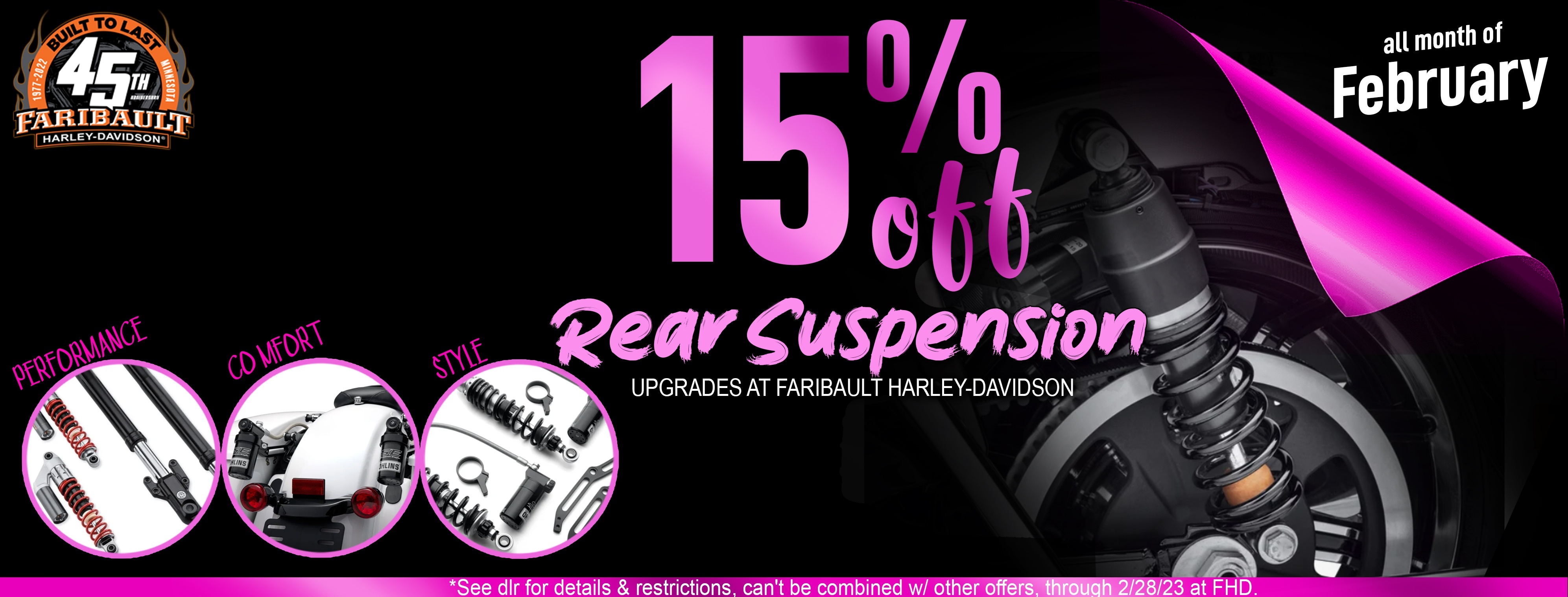 15% off Rear Suspension at Faribault Harley-Davidson