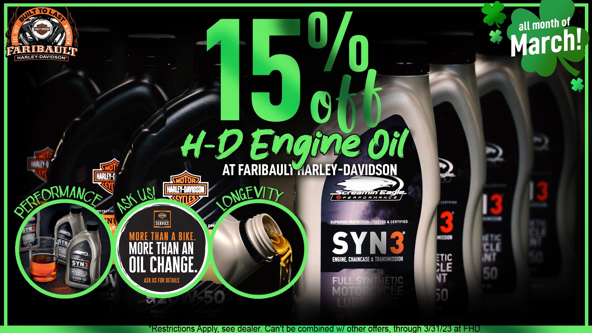 15% off HD Engine Oil in March at Faribault HD