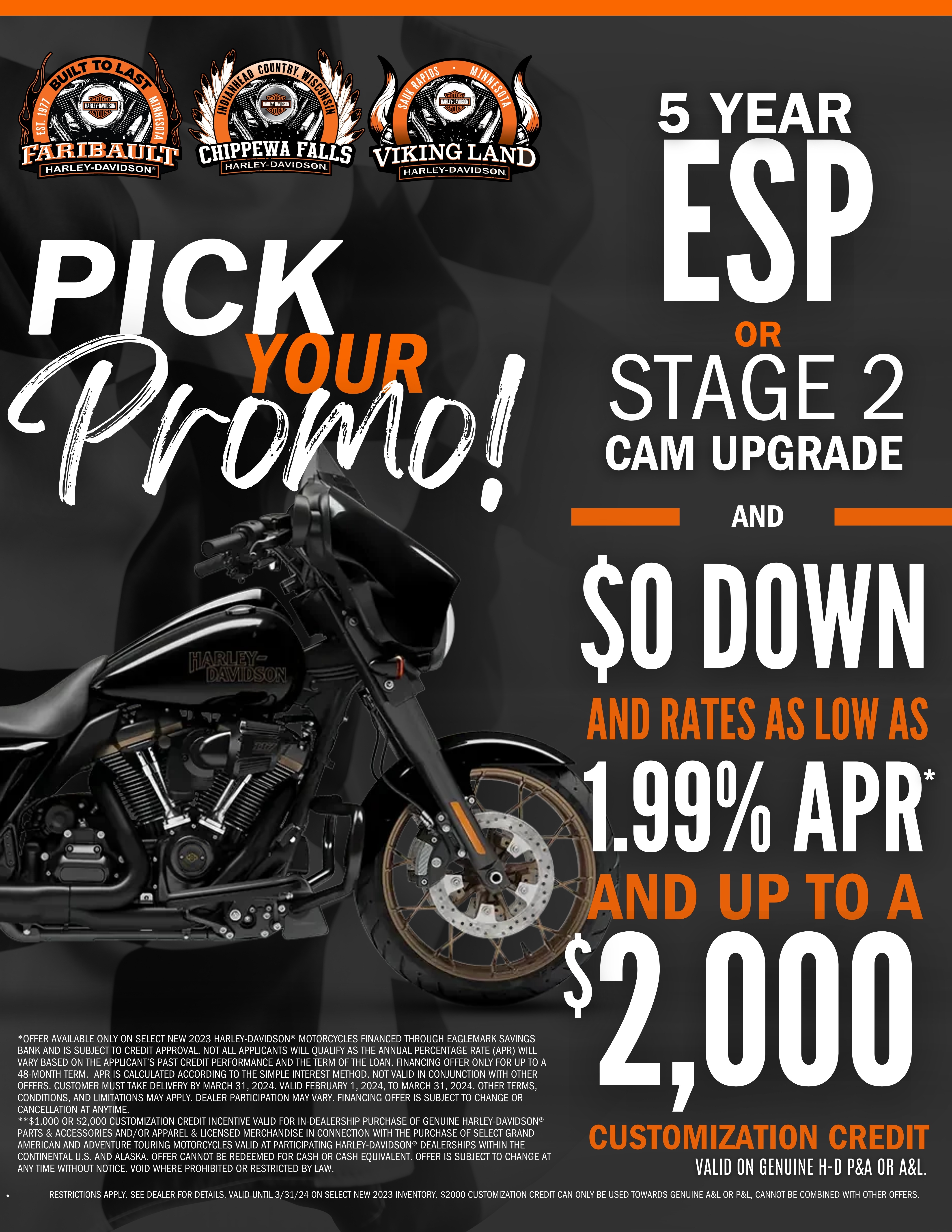 Pick your promotion at Faribault Harley-Davidson this March on 2023 Model year End Sale